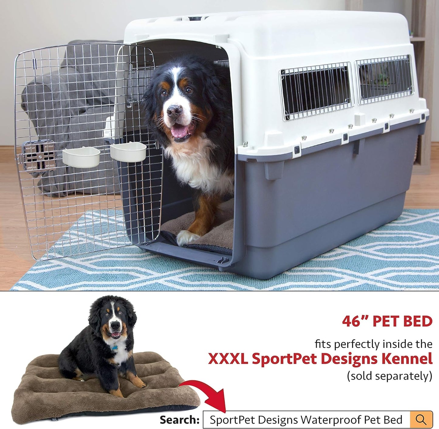 SportPet Designs Plastic Kennels Rolling Plastic Airline Approved Wire Door Travel Dog Crate, XXX-Large, Gray