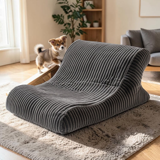 Varyx Pet Stairs for Small Dogs & Cats - High Density Foam Ramp with Non-Slip Corduroy Cover - Orthopedic Support for Senior Pets - 3-Step Wave Design - Grey