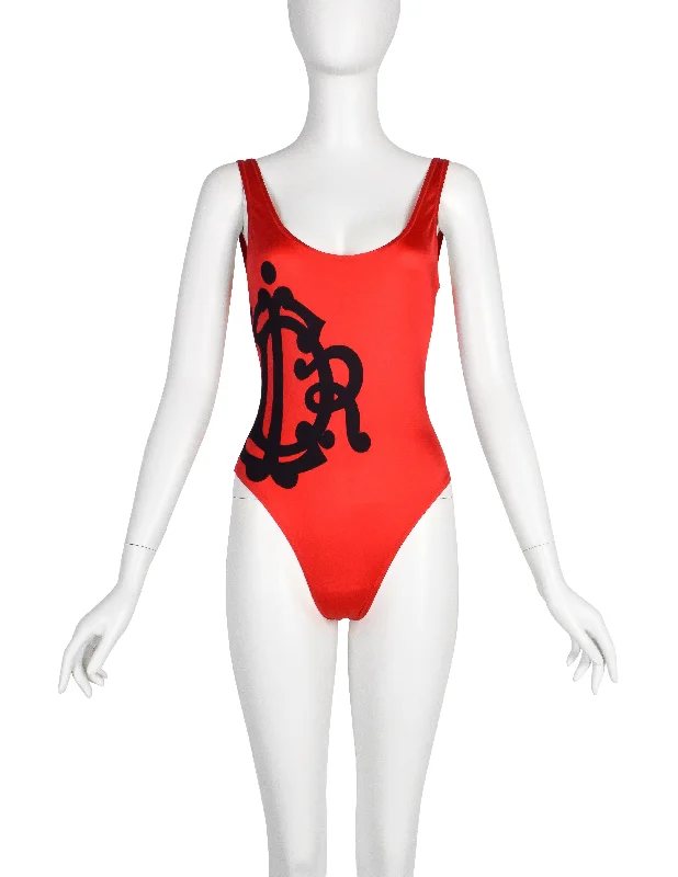 Christian Dior Vintage 1990s Red and Black Heritage Logo Swimsuit