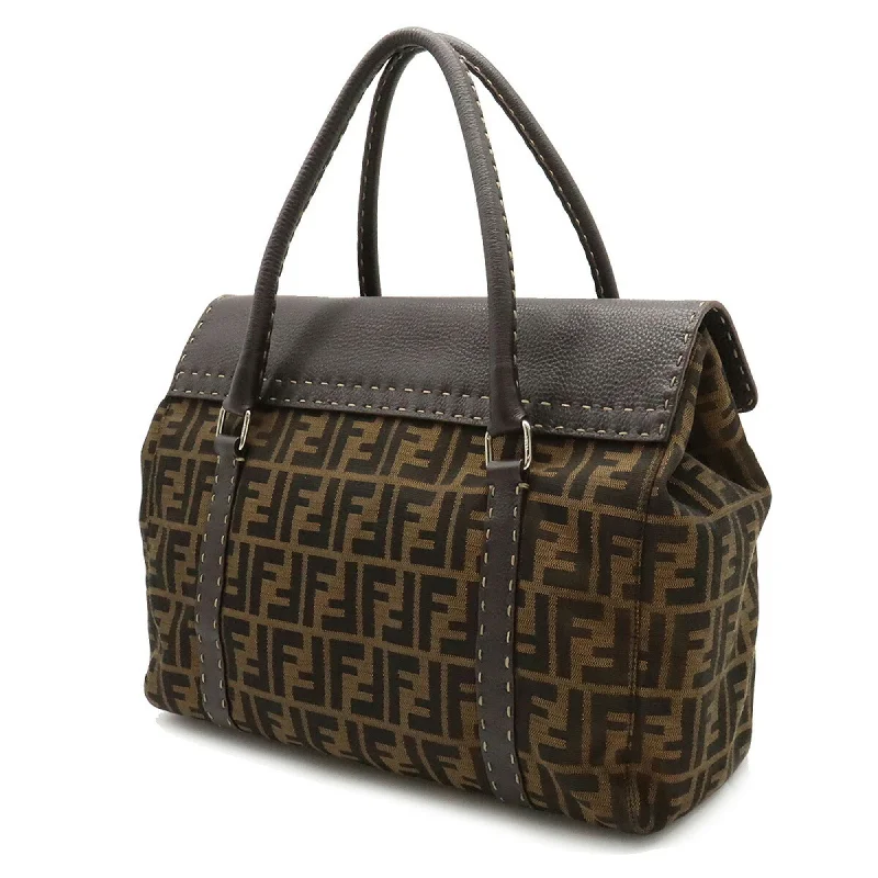 FENDI Zucca Pattern Selleria Linda Bag Handbag Canvas Leather Khaki Brown Dark 8BR449