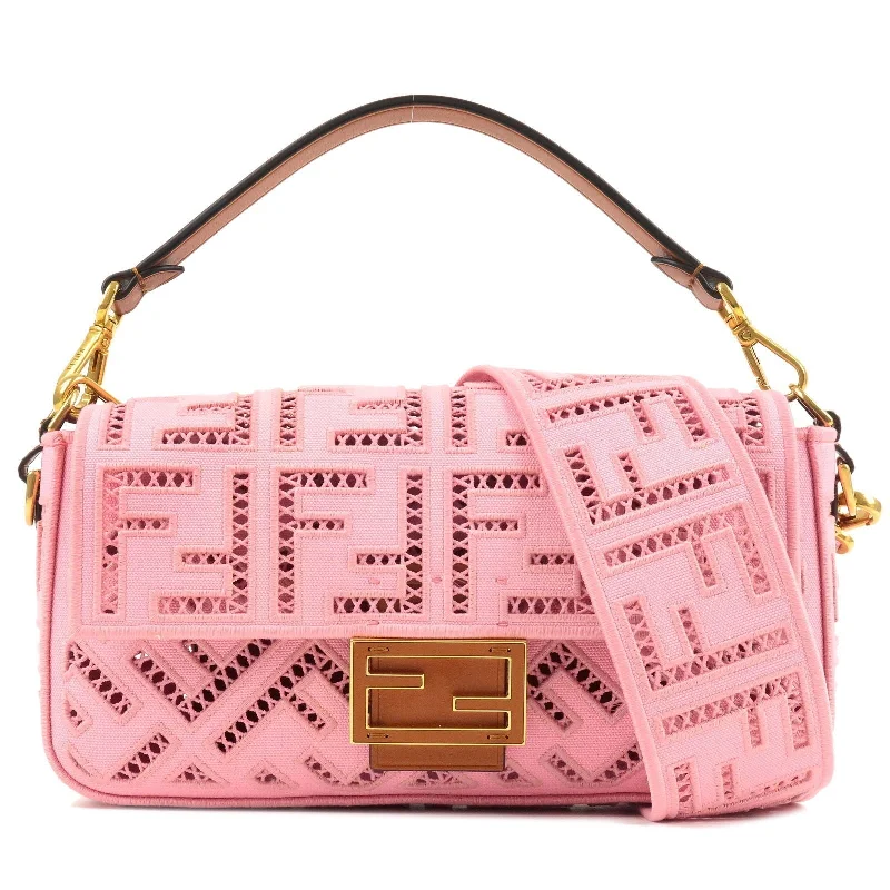 FENDI Mamma Baguette Canvas Leather Embroidery Shoulder Bag Pink 8BR600