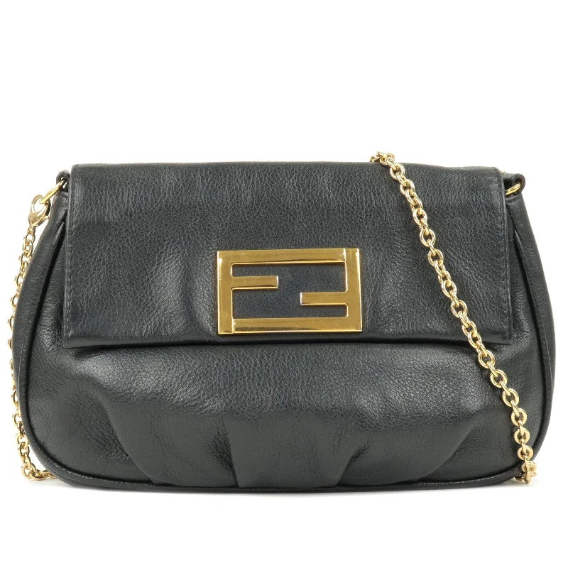 FENDI Leather Chain Shoulder Bag Purse Black 8M0276