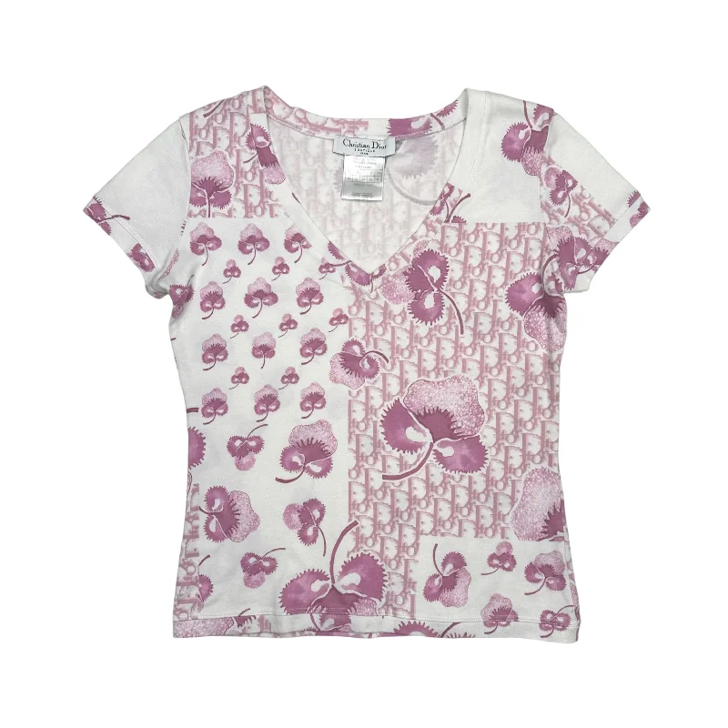 DIOR PINK FLORAL TROTTER MONOGRAM V NECK TOP