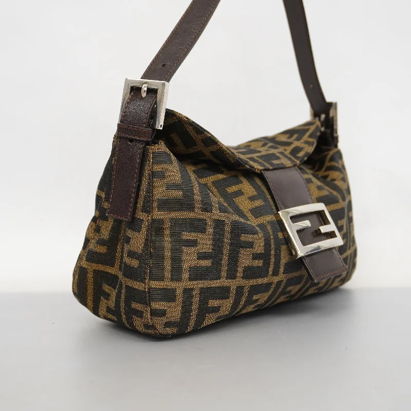 FENDI Zucca Shoulder Bag Women's Nylon Canvas Handbag Brown