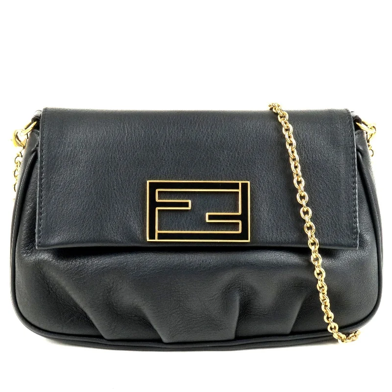 FENDI Leather Chain Shoulder Bag Purse Black 8M0276