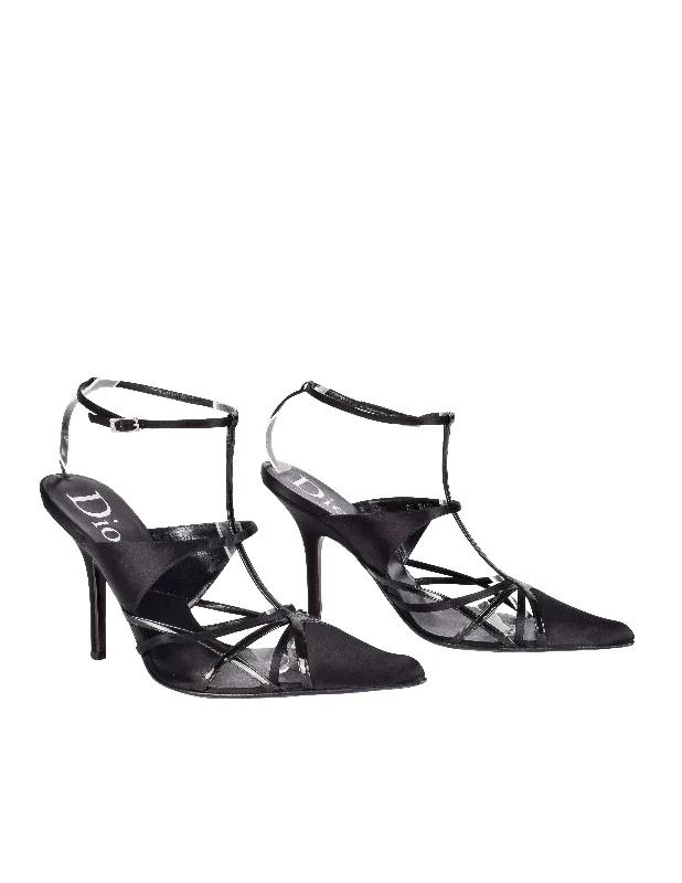 Christian Dior by John Galliano Vintage Black Satin and Patent Leather Strappy Heels