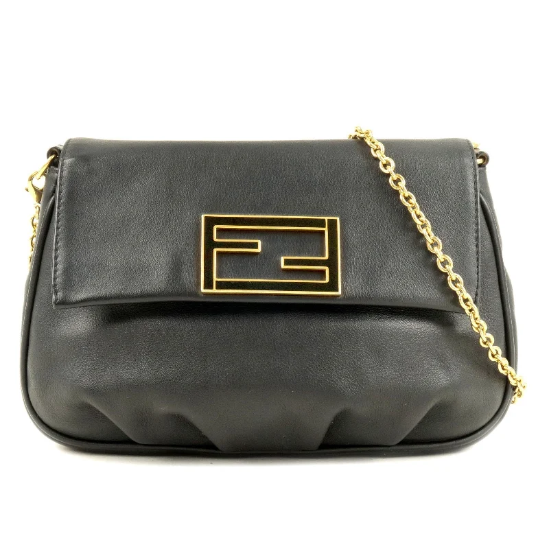 FENDI Leather Chain Shoulder Bag Clutch Black 8M0276