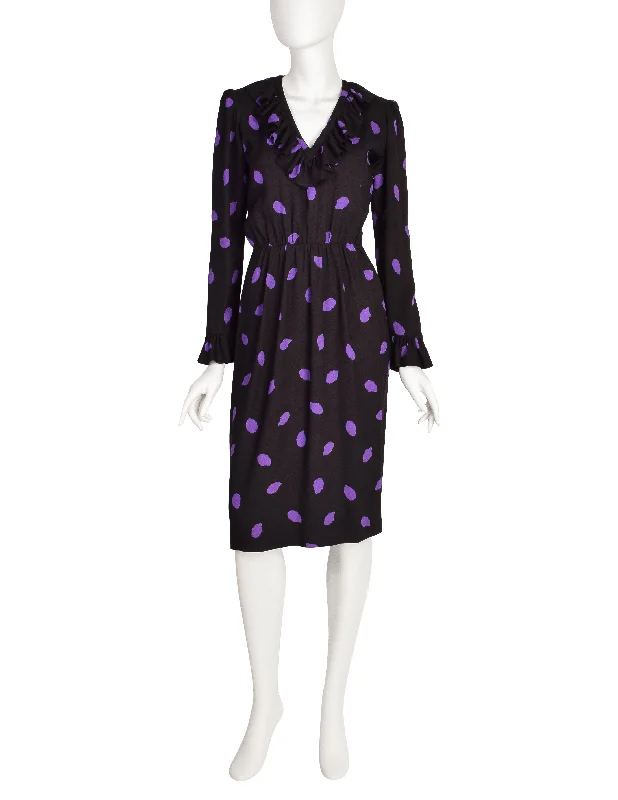 Yves Saint Laurent Vintage 1970s Black Purple Leaf Print Ruffle Dress