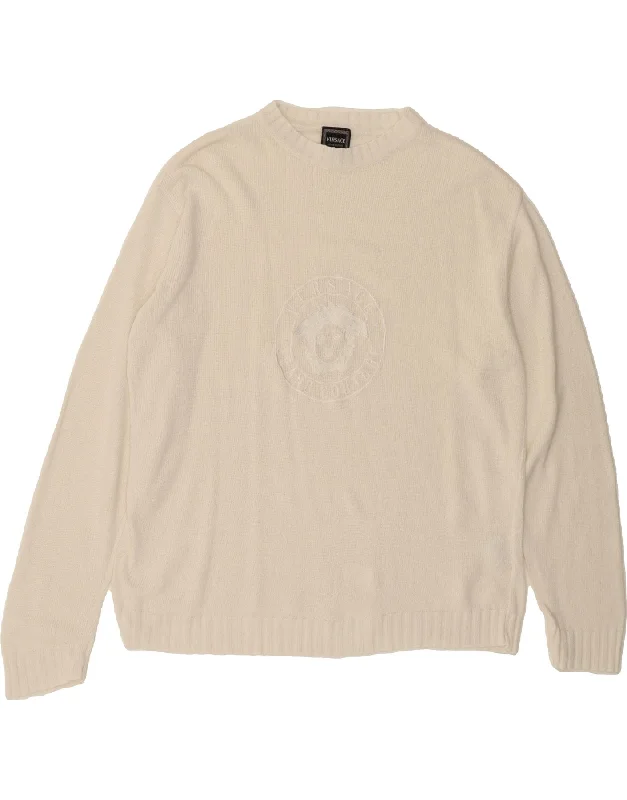 VERSACE Mens Graphic Crew Neck Jumper Sweater Large White