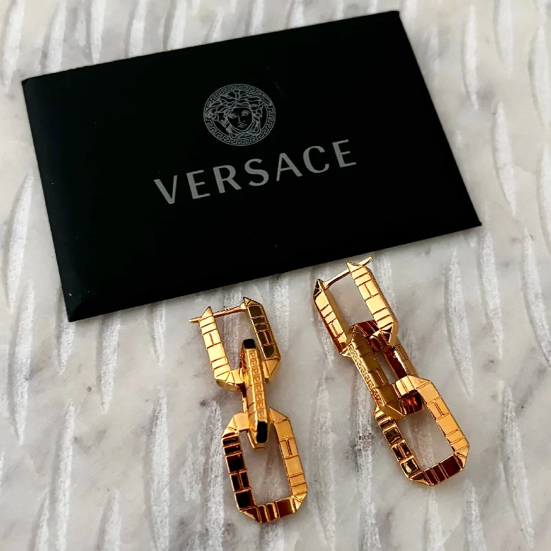 Versace Gold Greca Quilting Drop Earrings 2 Way