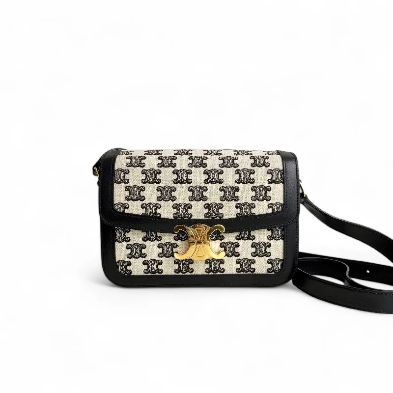 Celine Triomphe Classique/Medium Beige/Ivory Triomphe Canvass, Black Calfskin, Black Lambskin Interior, Gold-tone Hardware