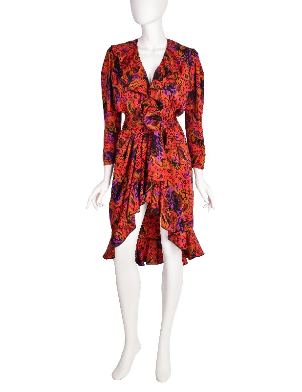 Yves Saint Laurent Vintage Red Multicolor Floral Silk Jacquard Ruffle Wrap Dress