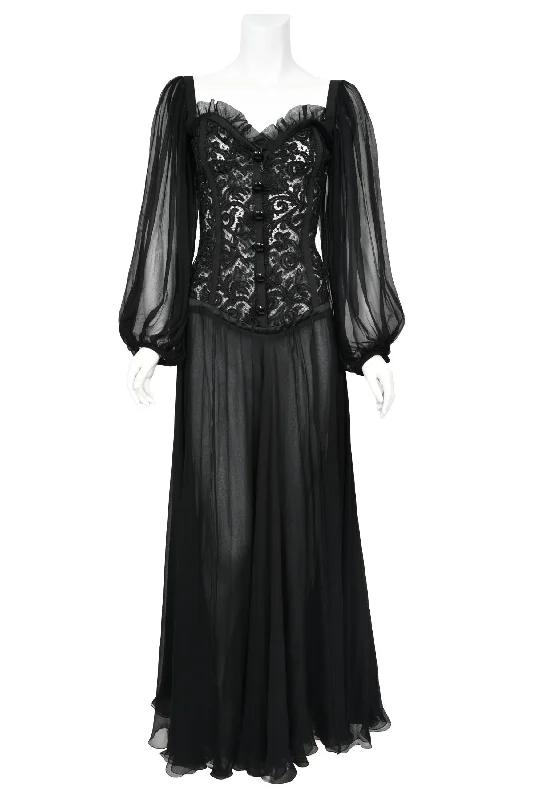 1988 Yves Saint Laurent Documented Black Sheer Silk & Boned Lace Bustier Dress