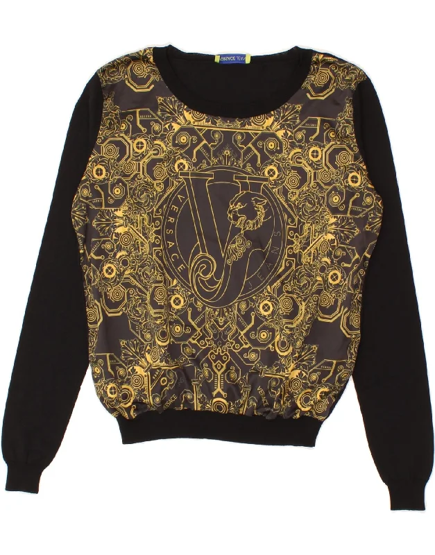 VERSACE Womens Graphic Boat Neck Jumper Sweater UK 10 Small Black Viscose