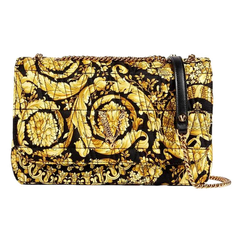 Versace Virtus Barocco Print Quilted Black and Gold Silk Shoulder Bag