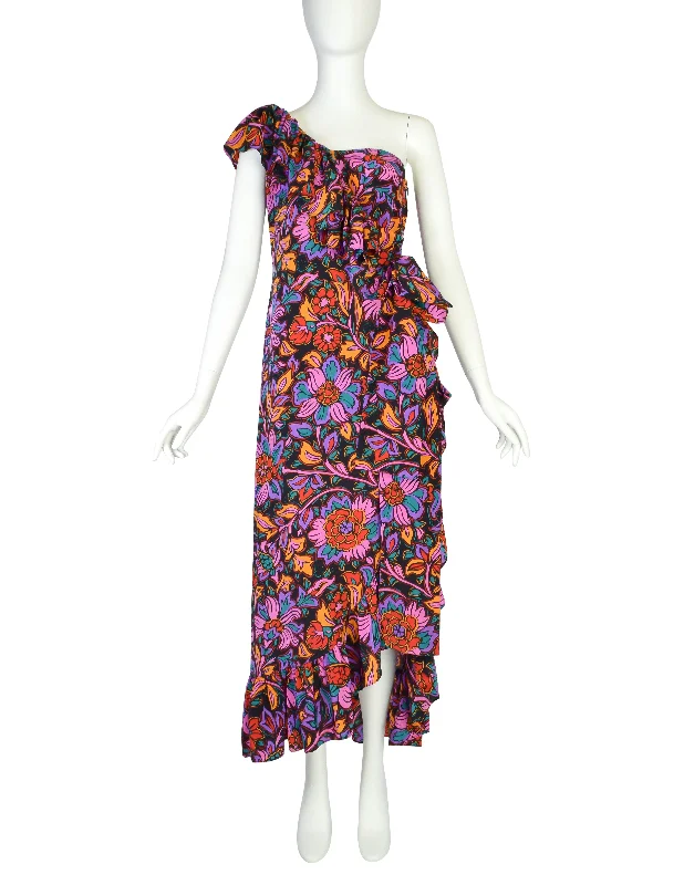 Yves Saint Laurent Vintage SS 1983 Black Multicolor Floral Silk Ruffle One Shoulder Dress