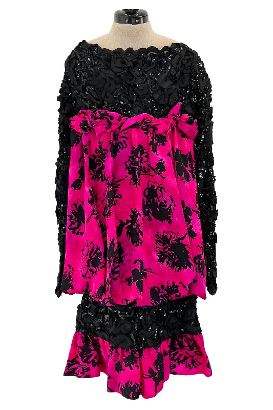 Dramatic Fall 1987 Yves Saint Laurent Runway Pink & Floral Silk Dress w Lace & Sequin Detail