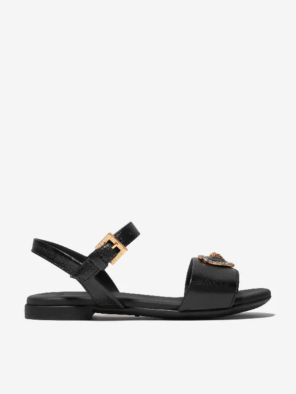 Versace Girls Leather Heart Logo Sandals in Black