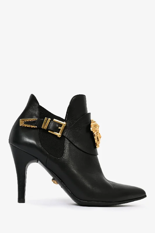 Versace Black Leather/Gold Medusa Heeled Booties Size 38.5