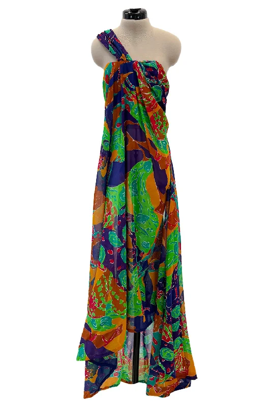 Prettiest Spring 1991 Yves Saint Laurent Runway Printed One Shoulder Easy to Wear Dress