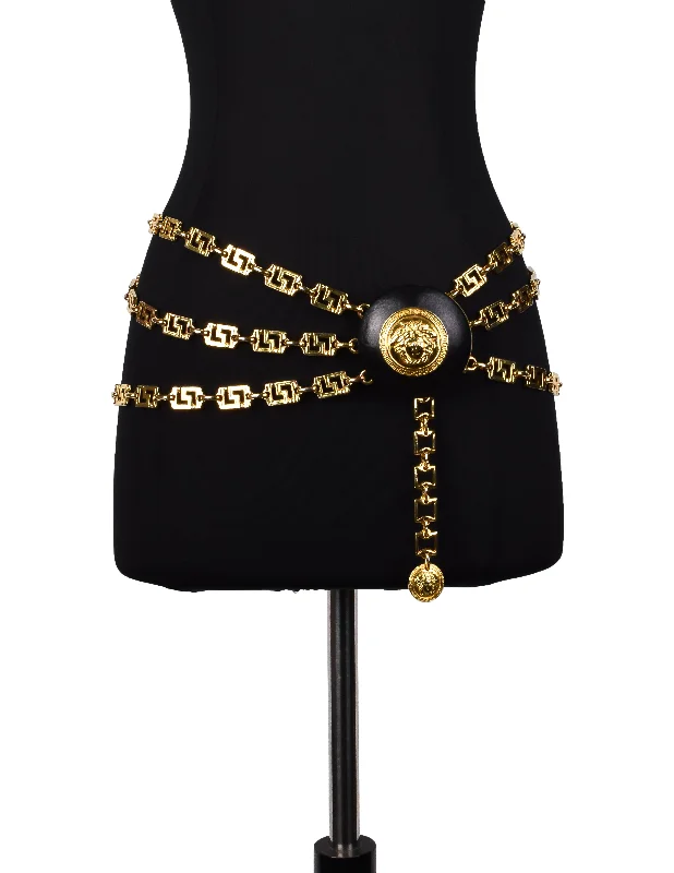 Gianni Versace Vintage AW 1992 Miss S&M Black Leather and Golden Triple Chain Medusa Belt