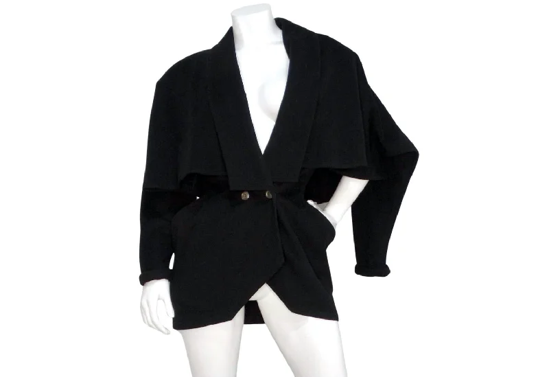 Gianni Versace 1980s Black Wool Cinched Jacket With Cape Detail Feature