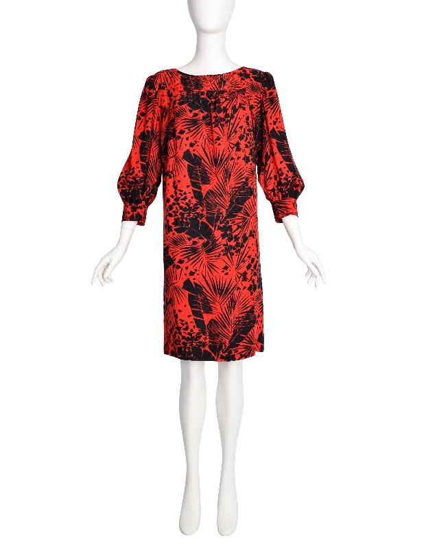 Yves Saint Laurent Vintage SS 1985 Red Black Leaf Print Silk Jacquard Dress