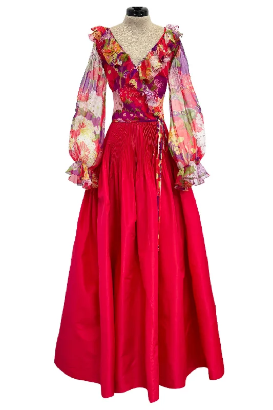 Sensational 1972 Yves Saint Laurent Red Floral Silk Chiffon & Red Silk Dress w Balloon Sleeves & Pleat Detailing