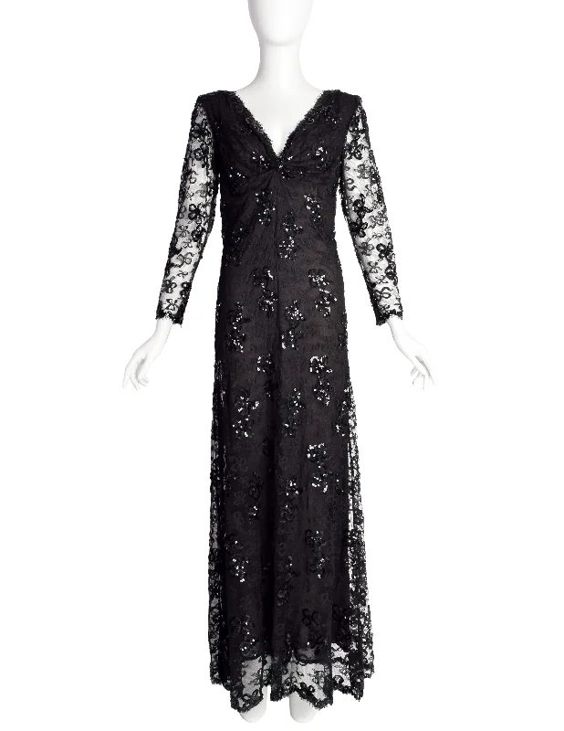 Yves Saint Laurent Vintage Haute Couture AW 1985 Black Lace Sequin Column Gown Dress