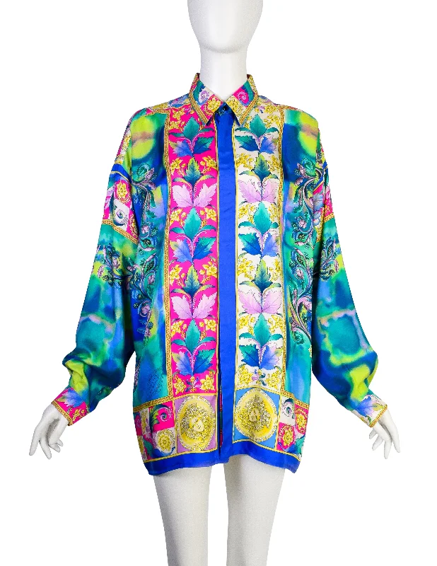 Gianni Versace Vintage SS 1994 Men's Baroque Tropical Floral Medusa Watercolor Print Button Up Shirt