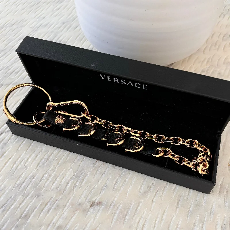 Versace Black Leather with Gold Tone Rings Keychain