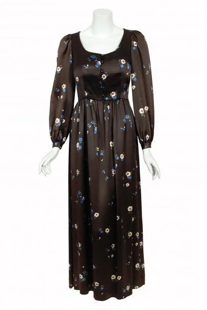 1974 Yves Saint Laurent Rive Gauche Brown Floral Print Satin Maxi Dress