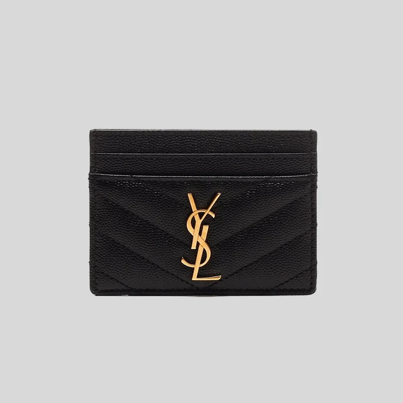 SAINT LAURENT YSL Cassandre Matelasse Card Case In Grain De Poudre Embossed Leather Black 423291