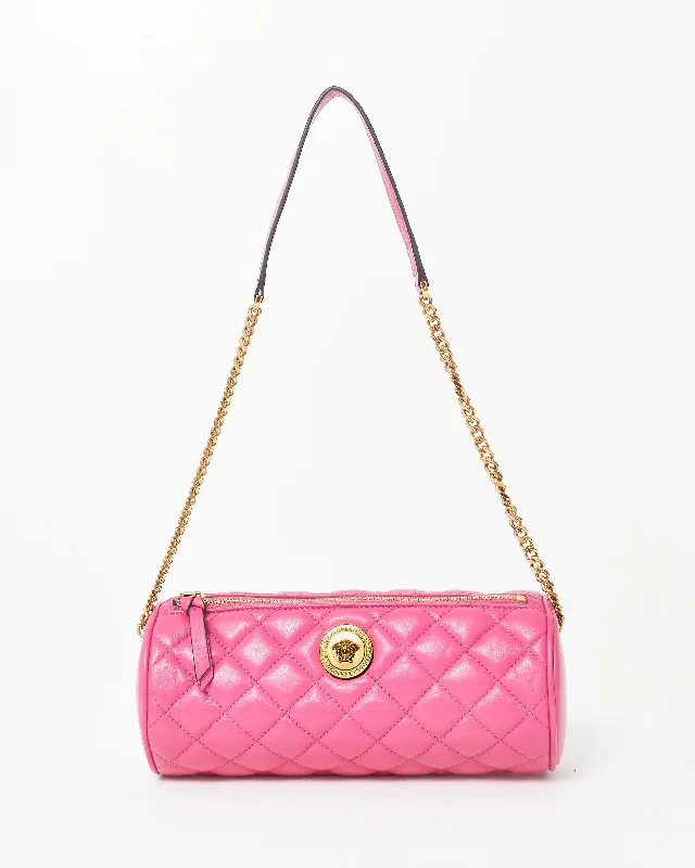 Versace Pink Leather & Gold Medusa Head Cylindrical Shoulder Bag