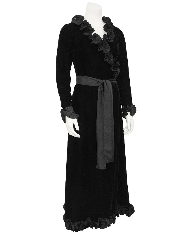 Black Velvet Wrap Evening Dress with Ruffle Trim