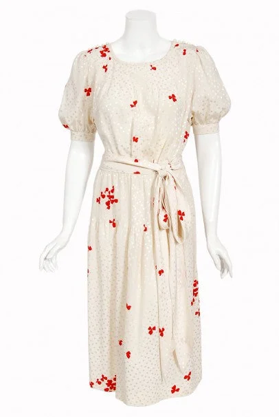 1978 Yves Saint Laurent Haute Couture Ivory Red Print Silk Dress & Shawl