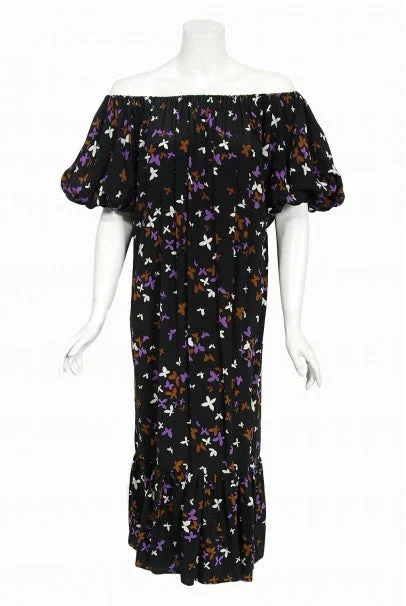 1978 Yves Saint Laurent Novelty Butterfly Print Rayon Off-Shoulder Dress