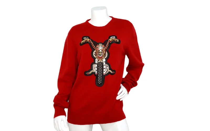 Versace 2014 Runway Red Cashmere Embellished Motorcycle Motif Crewneck Sweater