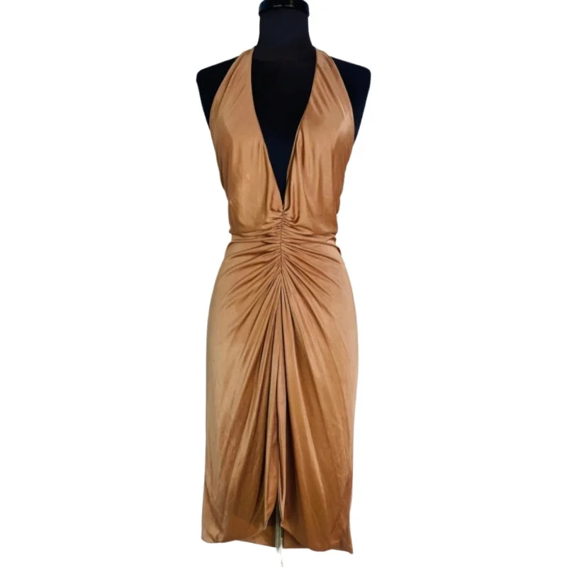 VERSACE VINTAGE SS 2005 PLUNGING HALTER RUNWAY Cocktail Dress Light Copper Size 42/8