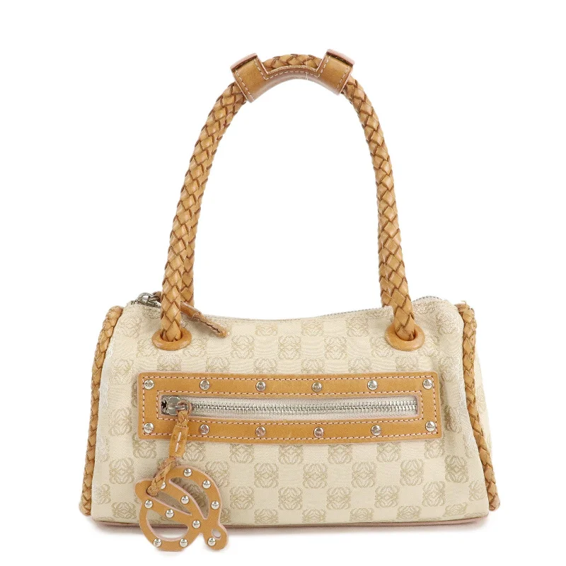 LOEWE Anagram Canvas Leather Shoulder Bag Boston Bag Beige Brown