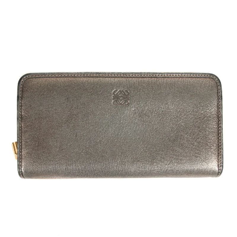 LOEWE Anagram Embossed Round Zip Metallic Leather Long Wallet Billfold Business Card Holder/Card Case Wallet/Coin Silver