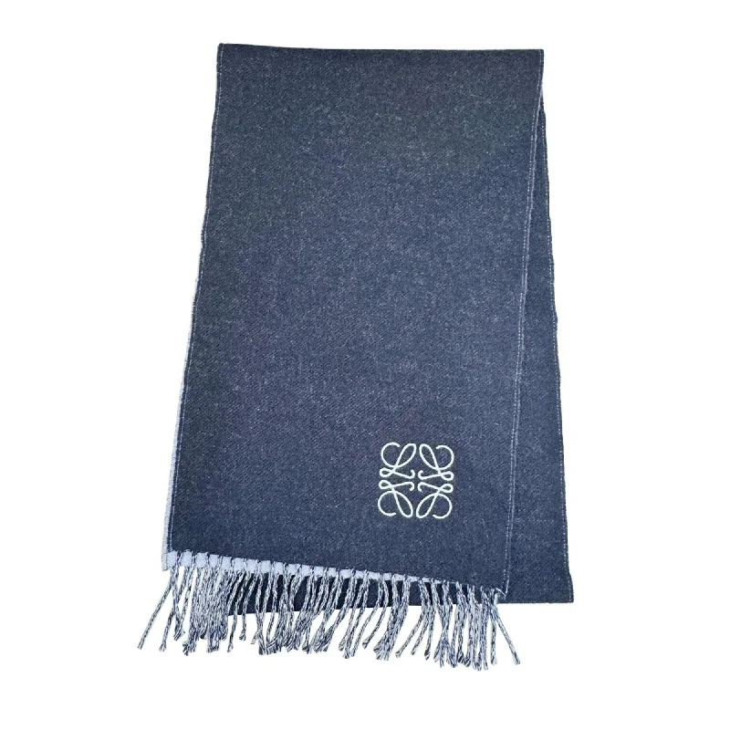 LOEWE Anagram Scarf, Reversible, Wool, Cashmere, Embroidery, Bicolor, Navy, Light Blue, Women's, Men's