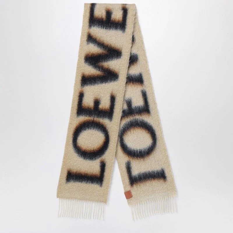 LOEWE Elegant Beige & Black Fringed Scarf