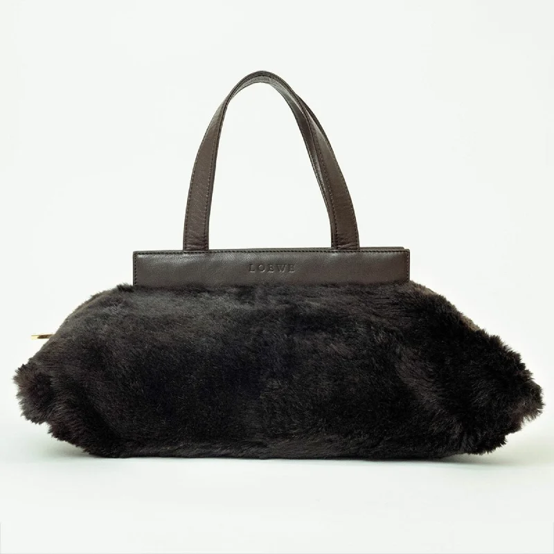 LOEWE Rabbit Fur Handbag, Trapezoid, Real Fur, Dark Brown, Women's,