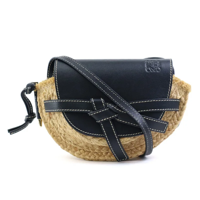 LOEWE Shoulder Bag Gate Raffia Leather Beige Black Gold Women's e59159i